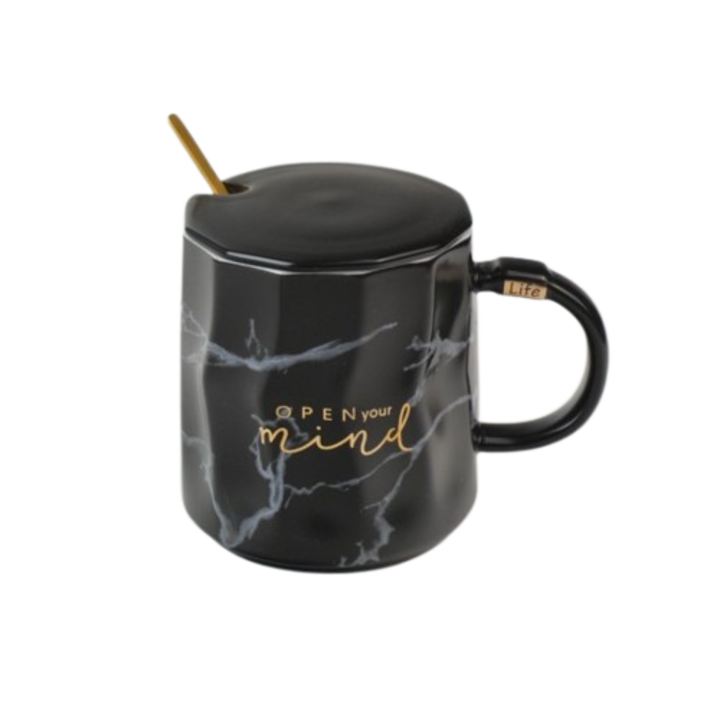 Set cana de cafea cu farfurie si lingurita, ceramica, negru, 300 ml