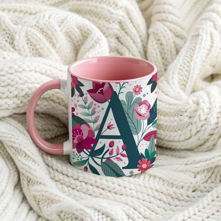 Cana cu litera A, initiala numelui, monogram cu flori, tema primavara, 350ml