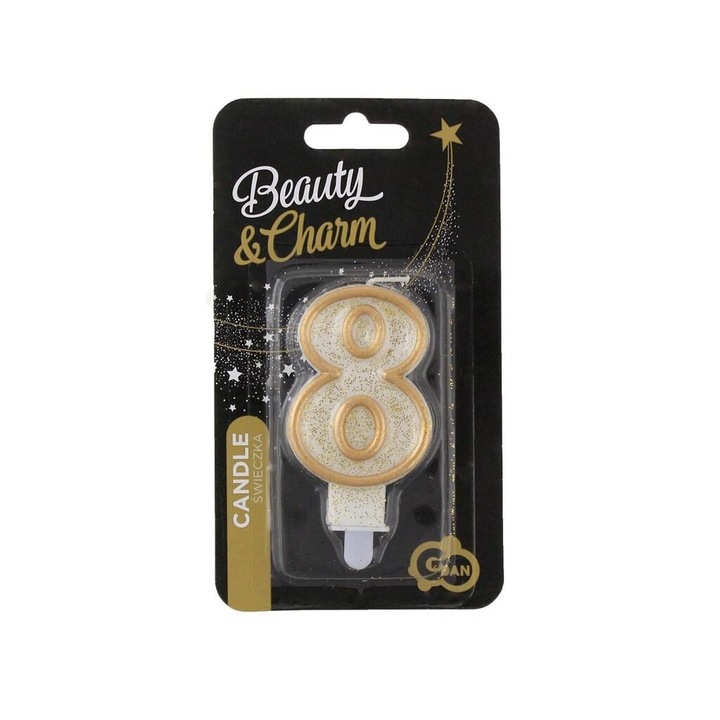 Свещ за рожден ден 8, Годан, златен контур, 6,5x9см, 1 брой
