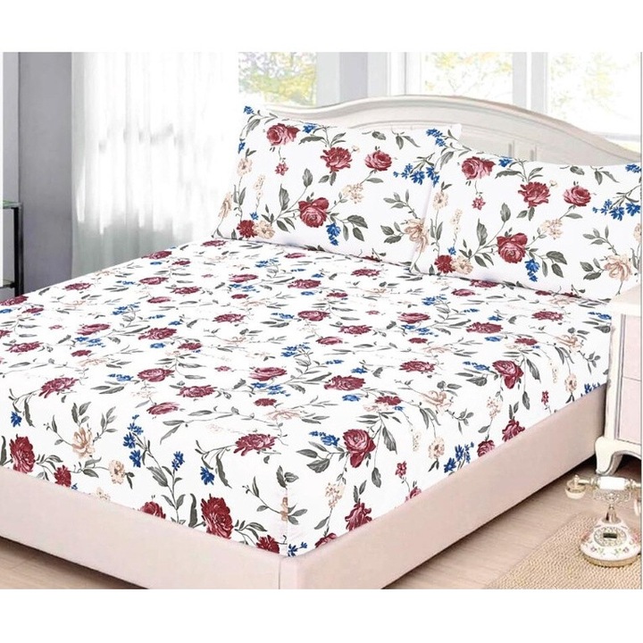 Husa de pat, 1 persoana, cu elastic, 2 piese, imprimeu flori de camp, multicolor, 90x200 cm
