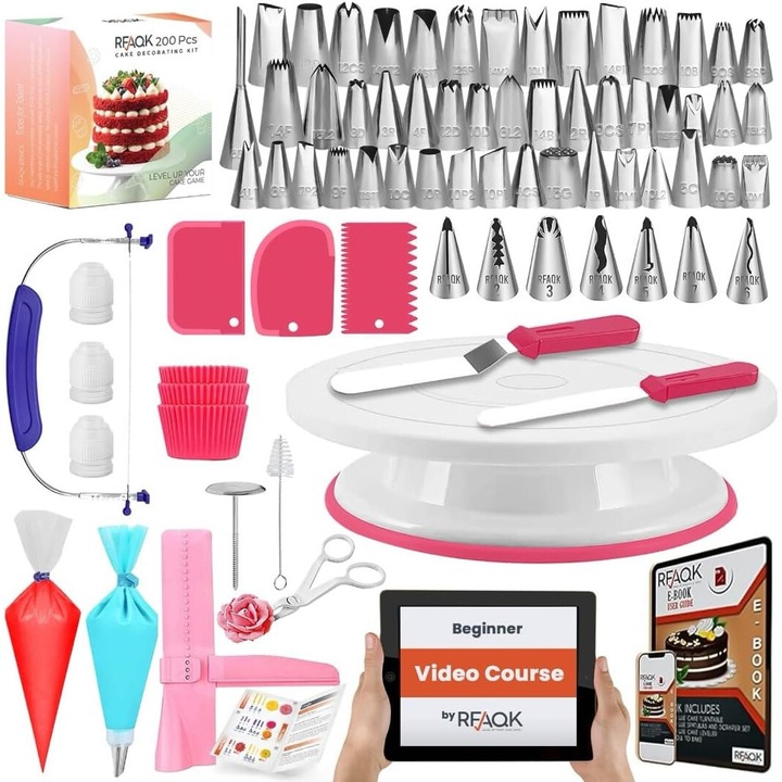 Set complet de decorare prajituri Wacorresi, 200 piese, suport rotativ pentru tort, 55 duze numerotate, spatule, set de raclete, 110 pungi de glazura
