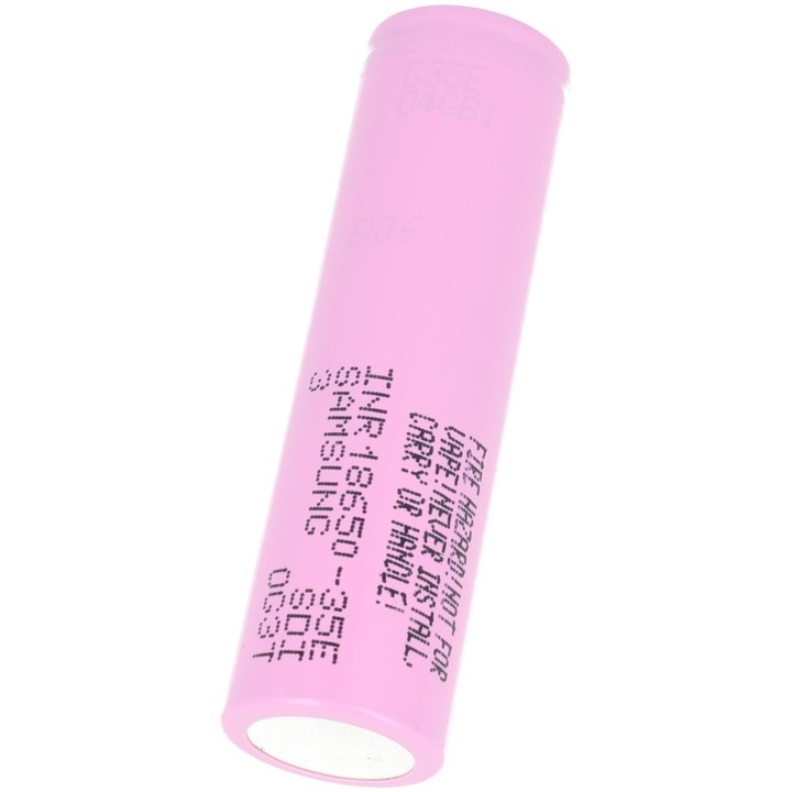 18650 Батерия, Samsung, Inr18650-35e, Литиево-йонна, 3400 mah, 3.6 v, Плосък връх, Без защита, 8 a, 49 g, 65 mm, 18.3 mm, Кафяв