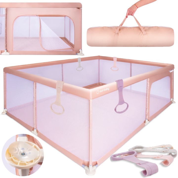 Tarc pentru bebelusi cu maner, Sun Baby, Spatiu de joaca sigur, Plasa de protectie, Include usa cu fermoar, Geanta de transport, Varsta 0-2 ani, 150x200x68 cm, Roz