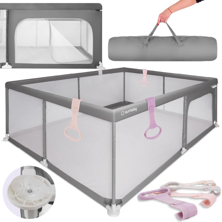 Tarc pentru bebelusi cu maner, Sun Baby, Spatiu de joaca sigur, Plasa de protectie, Include usa cu fermoar, Geanta de transport, Varsta 0-2 ani, 150x200x68 cm, Gri/Roz
