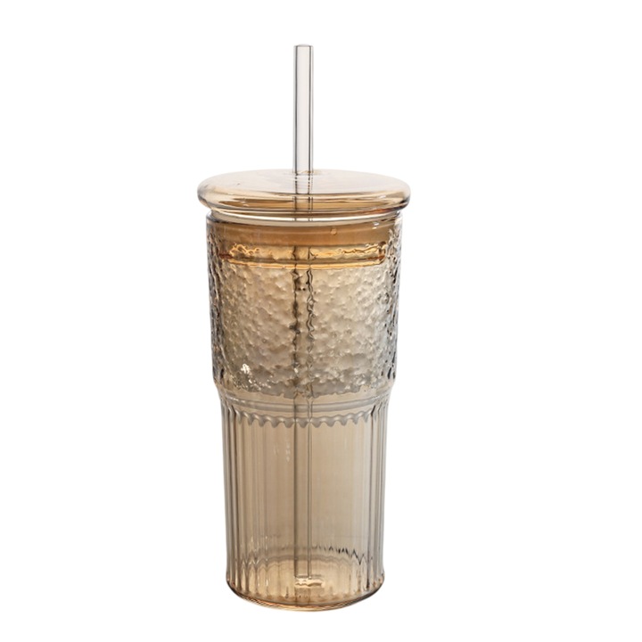 Átlátszó üvegpohár fedéllel és üveg szívószállal, 500 ml