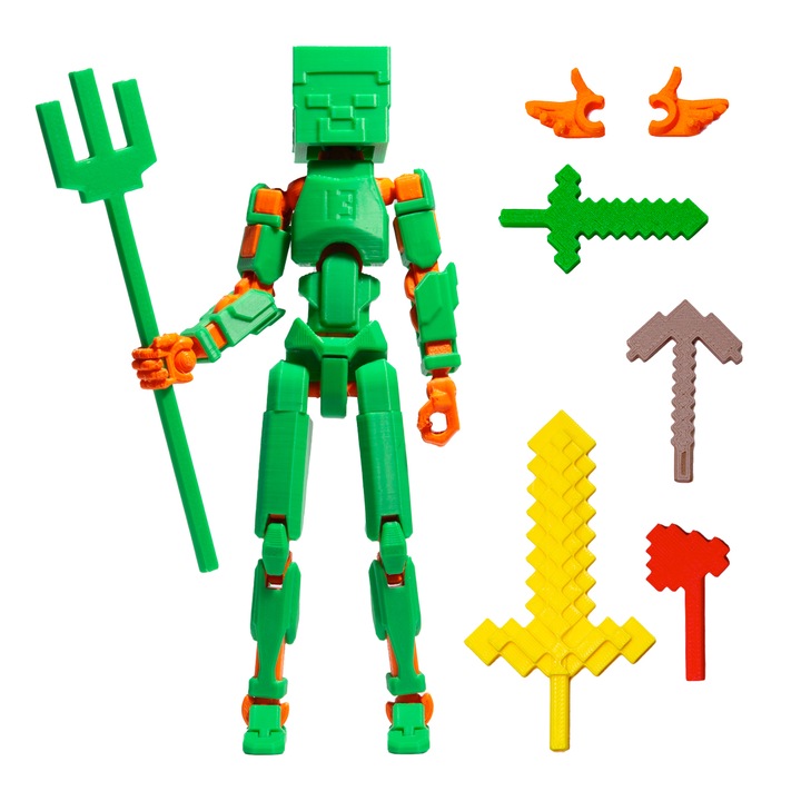 Robot figurina cu articulatii R13, 16, 5 cm, imprimat 3D, tip Minecraft, verde-portocaliu, complet asamblata