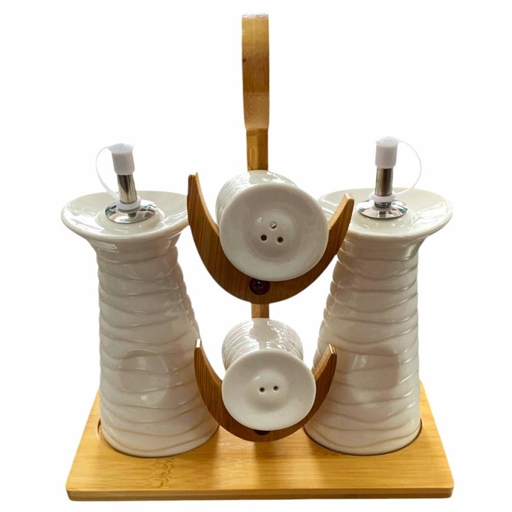 Set Oliviera cu 4 piese, Ceramic, pe Suport din Bambus