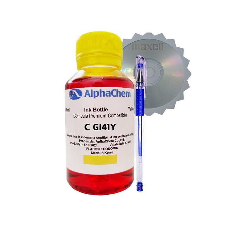 Set Flacon Cerneala Compatibila Canon GI41 ( 1x100ml Yellow) + 1buc Cdr Maxell cu plic si Pix CNX201