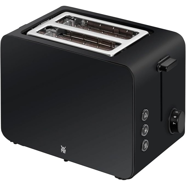 Тостер WMF Stelio, 2 филийки, матово черна неръждаема стомана, 900 W, 7 степени на запичане, функция за багел, поставка за кифлички