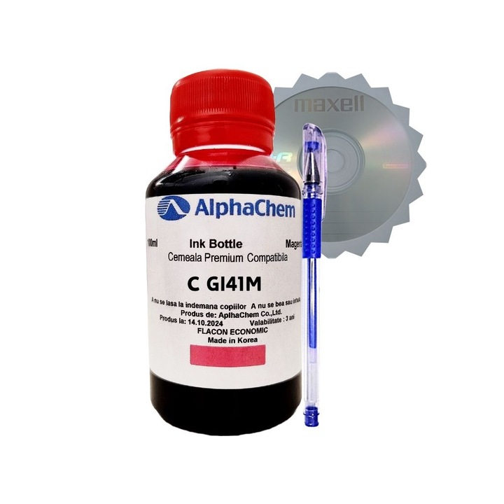 Set Flacon Cerneala Compatibila Canon GI41 ( 1x100ml Magenta) + 1buc Cdr Maxell cu plic si Pix CNX201