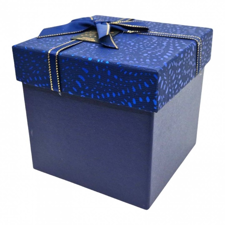 Квадратна подаръчна кутия, с лък и тетив, 13x13x12.5 см, синя