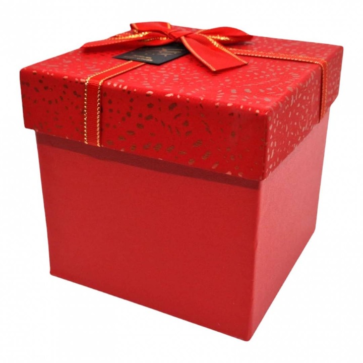 Квадратна подаръчна кутия, с лък и връв, 13x13x12.5 см, червена