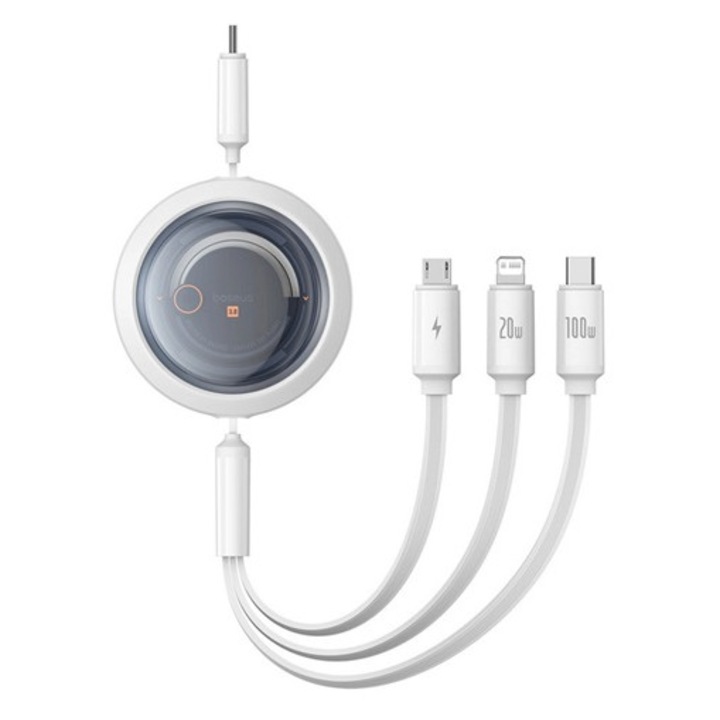 Baseus free2draw adatkábel 3in1, type-c - type-c/ lightning/microusb, 100w, gyorstöltő, 110cm, csévélhető, fehér