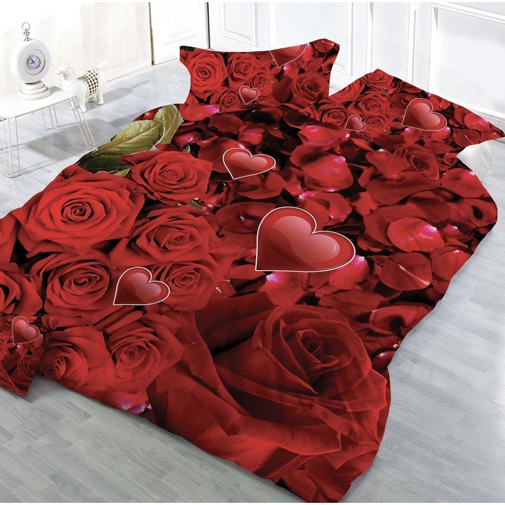 Set lenjerie de pat, Pucioasa, Bumbac Satinat, Imprimeu 3D, 4 Piese, Cearceaf de pat 155x230 cm, Husa pilota 155x200 cm, 2 huse perne 55x75 cm si 50x50 cm, pentru pat de dimensiuni 140x200 cm, Pat 1 persoana, Trandafiri, Rosu, BG-12