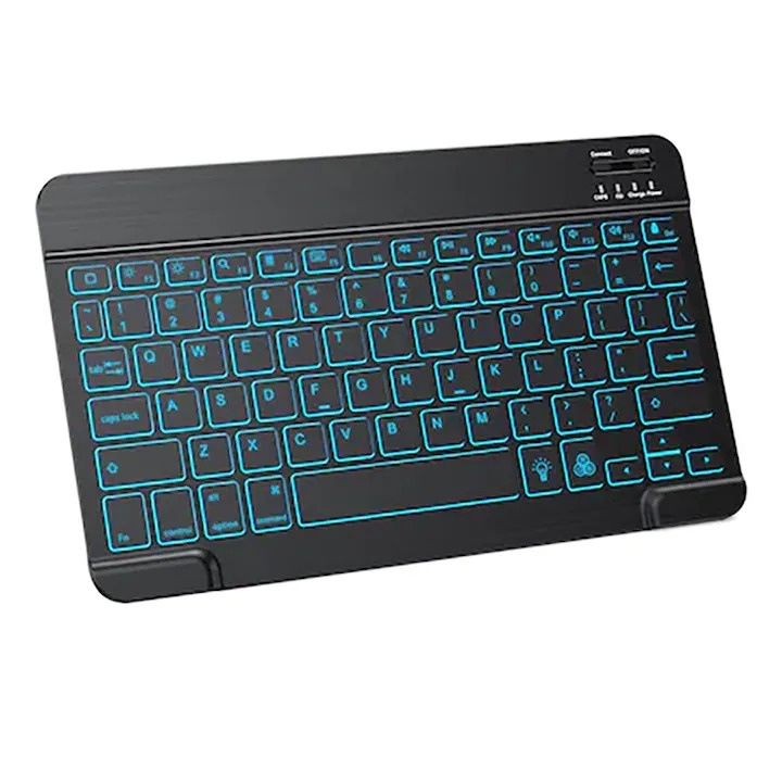 Tastatura iluminata din spate, Rqiurpn, universala, portabila, Bluetooth 3.0, 10 inchi, sapte culori, negru