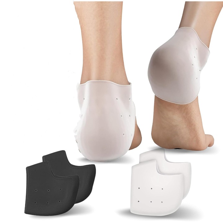 Protectii pentru calcaie din gel siliconic, set 4 bucati, alb si negru, pentru ameliorarea durerii si a bataturilor