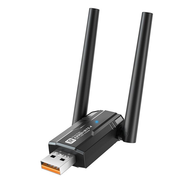 Безжичен USB WiFi 6 адаптер, 900Mbps, Bluetooth 5.4, 5dBi външна антена, съвместим с Windows 10/11, черен