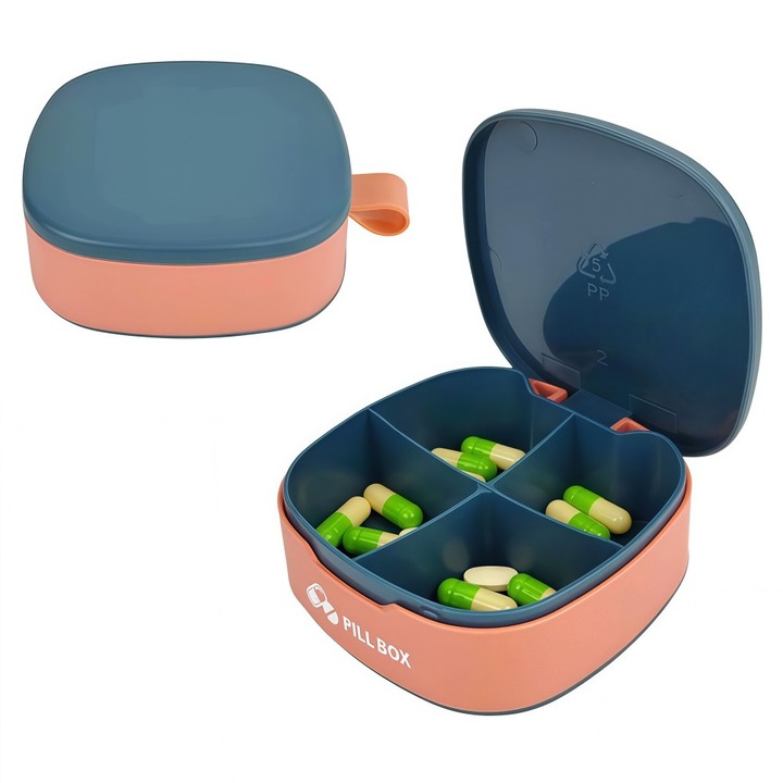Cutie pentru depozitarea medicamentelor, geanta pentru pastile, material PP, 7,7x7,7x2,9 cm, portabila, impermeabila, portocaliu-albastru