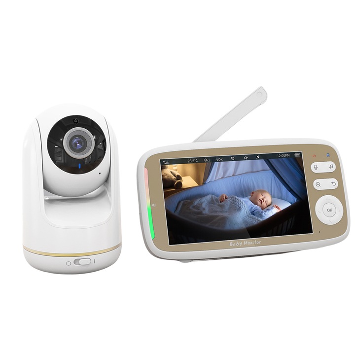 Babafigyelő, 720P, 5" LCD képernyő, FHSS, VOX mód, 360°-os forgatás, kétirányú beszéd, éjjellátó, 8 altatódal, hangriasztó, hőmérséklet-érzékelő, fehér