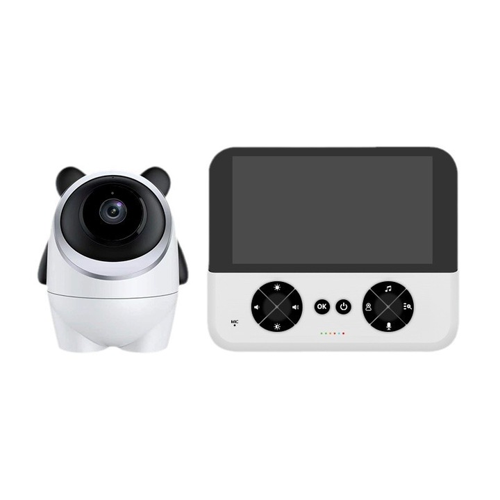 Bébiőr, 4,3” IPS képernyő, 720P, 2,4 GHz, WIFI, VOX mód, 360°-os forgatás, kétirányú párbeszéd, infravörös éjszakai látás, altatódal, hangmonitor, hőmérséklet riasztás, fehér