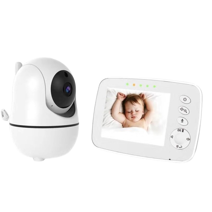 Babafigyelő, 3,5"-os LCD képernyő, 2,4 GHz, hangos riasztás, kétirányú beszéd, fény- és hőmérsékletérzékelés, infravörös éjszakai látás, 360°-os elforgatás, 8 altatódal, fehér