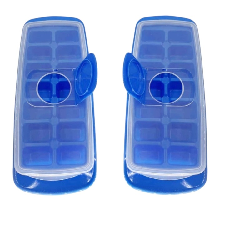 2 db jégkocka tálcás készlet, 14 kocka, élelmiszer minőségű műanyag, tetővel, töltőnyílással, 29,5 x 12,5 x 4 cm, kék