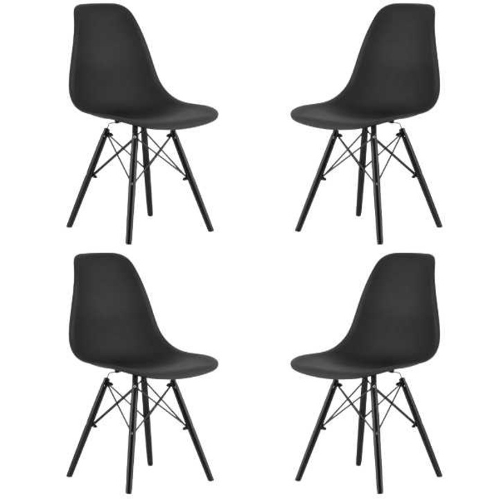 Комплект от 4 стола Mercaton, скандинавски стил с крака от буково дърво, PP седалка, 46 x 54 x 81 см, черен