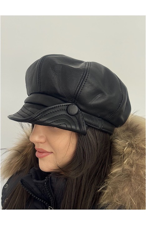 Sapca din piele pentru femei, cu nasture intr-o parte, Negru, 56-60 CM