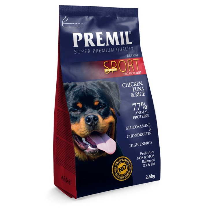 Пълноценнa храна за кучета, Premil, Super Sport, Високоенергийна, С пилешко и патешко месо, 2.5 кг