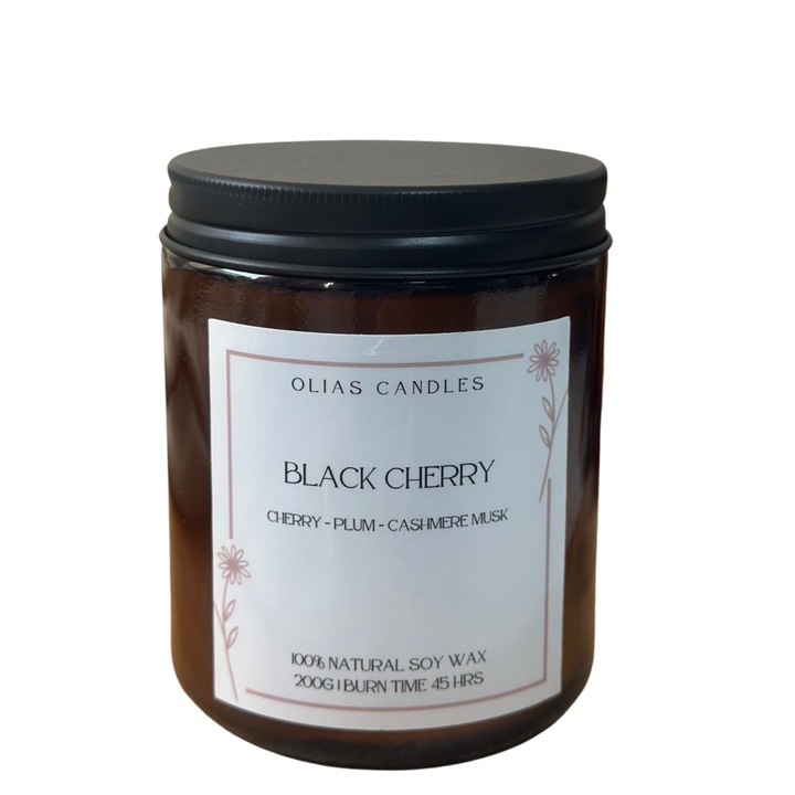 Lumanare parfumata din ceara naturala de soia, Cirese - Prune - Mosc, fitil din bumbac, 200g