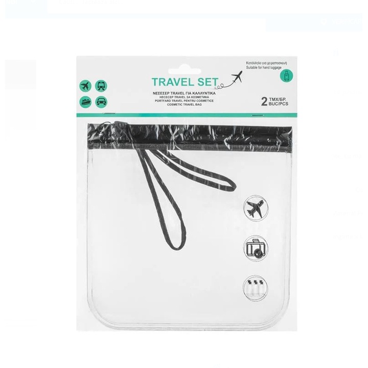 Pungi Calatorie Transparente cu Maner Negru pentru Cosmetice 20x20cm - 2buc