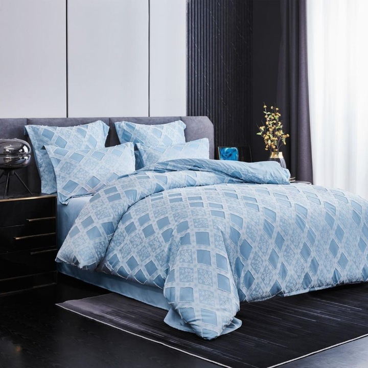 Dupla ágyneműkészlet, finom, hímzéssel és betétekkel, Neat Romb Bleu, 6 részes