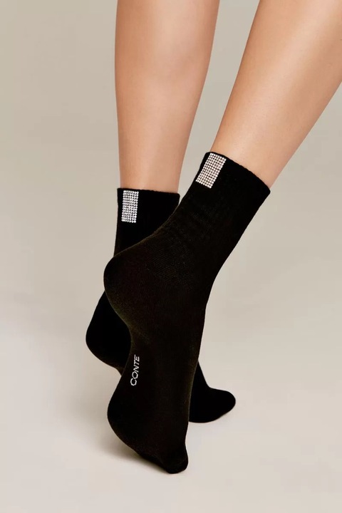 Дамски памучни чорапи с декорация от камъни, Conte Classic 419, Черен