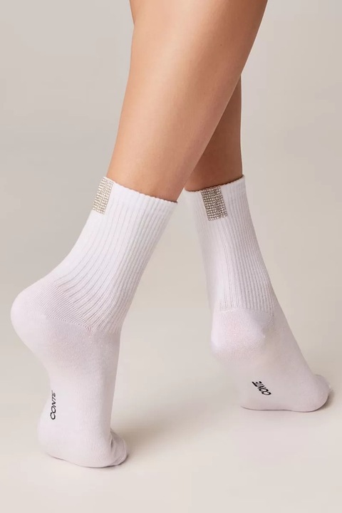 Дамски памучни чорапи с декорация от камъни, Conte Classic 419, Бял