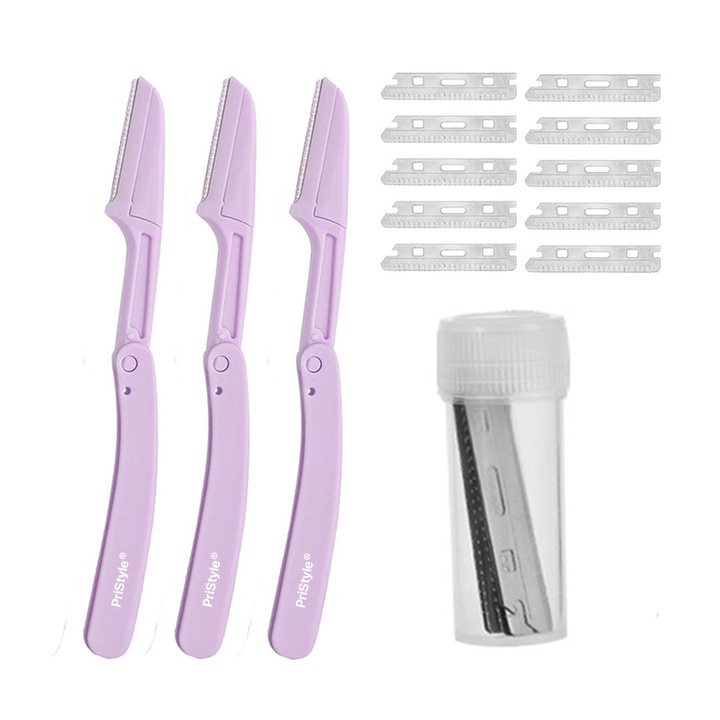 Set 3 brici cu 10 Lame de Rezerva, Pentru Finisare si Indreptare Sprancene si Par Facial, Violet, Pristyle®