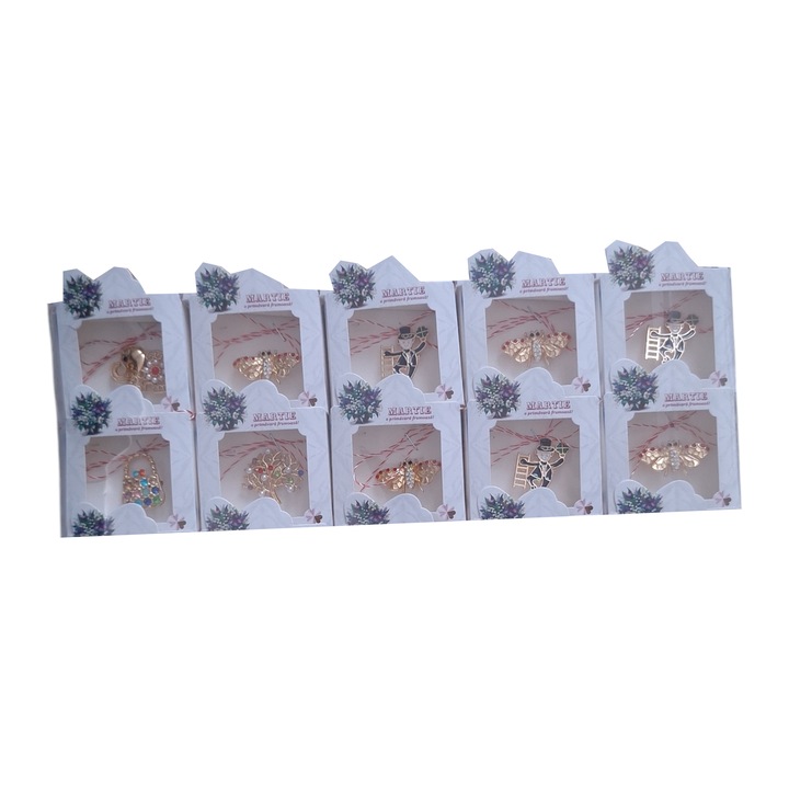 Set 10 Martisoare 3D Tip Brosa Aurie 2.5 cm, Diverse Modele Cu Perle si/sau Pietre Colorate, Vision XXI, In Cutie Cu Ghiocei