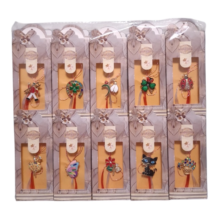 Set 20 Martisoare Tip Brosa 3 cm Cu Pietre Colorate, Diverse Modele, Vision XXI, In Cutie Gri Cu Maro