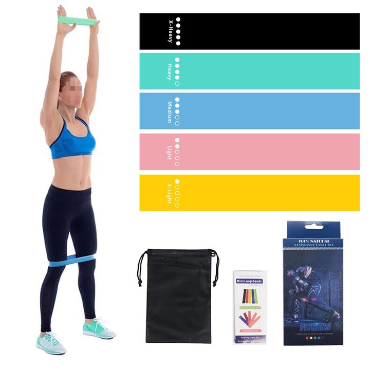 Set benzi elastice pentru exercitii, 5 nivele de rezistenta, multicolor, dimensiuni variate