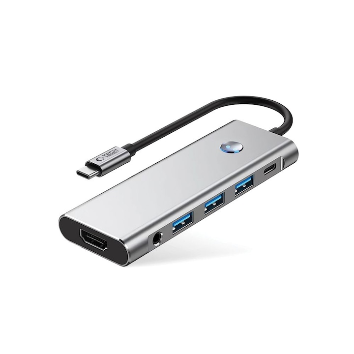 TECH-PROTECT HB04 9-в-1 алуминиев HUB адаптер, USB-C - 2x USB 2.0, 1x USB 3.0, 1x HDMI, 1x Mini Jack 3.5mm, 1x USB-C 100W, 1x USB-C, 1x MicroSD, 1x SD, сив
