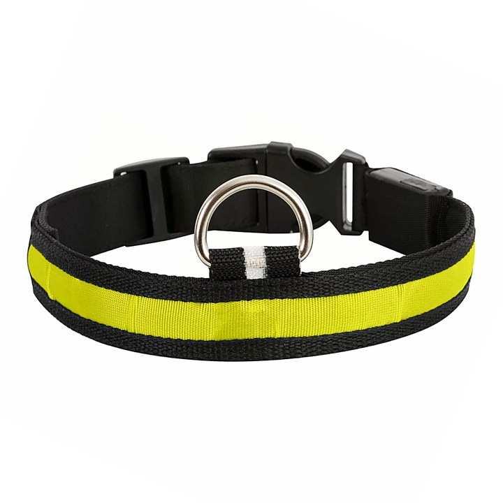 Zgarda pentru Caini cu Lumina Led, 3 Moduri de Iluminare, Marimea S Circumferinta Reglabila 34-44cm, Negru/Galben SprintMag®