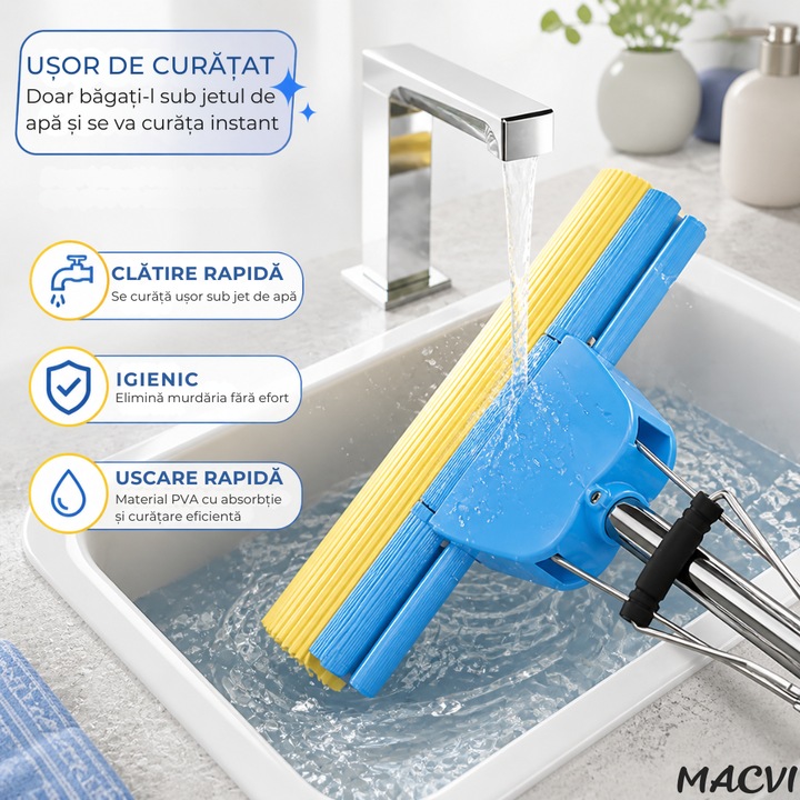 Mop cu Storcator Macvi®, Coada Metalica Telescopica 88-105 cm, PVA, 37 x 5 x 5 cm, pentru Gresie Parchet Marmura si Suprafete Lavabile Absorbtie Ridicata Albastru