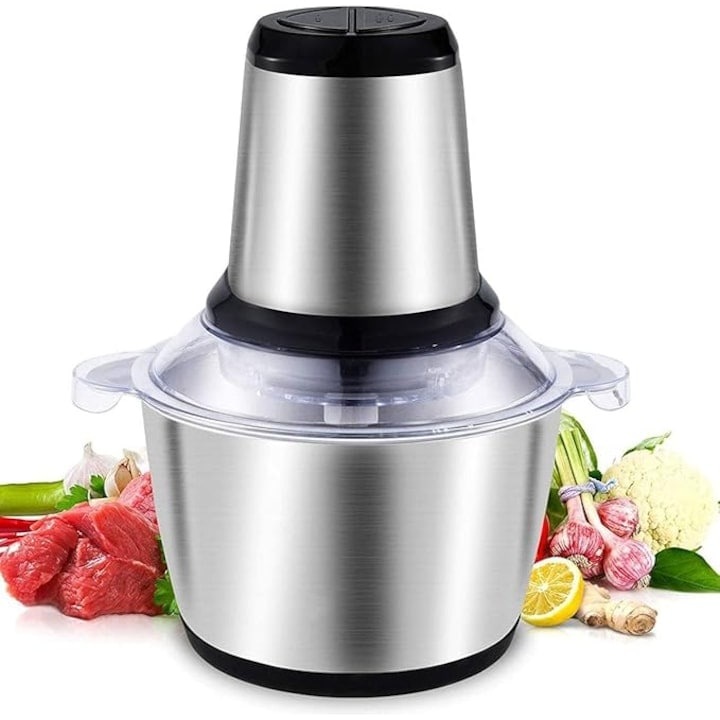 Tocator Electric Multifunctional, Capacitate 3L, Pentru Carne si Legume, 4 Lame Din Otel Inoxidabil, Recipient din Inox, 3 Viteze, Putere 1000W, Argintiu