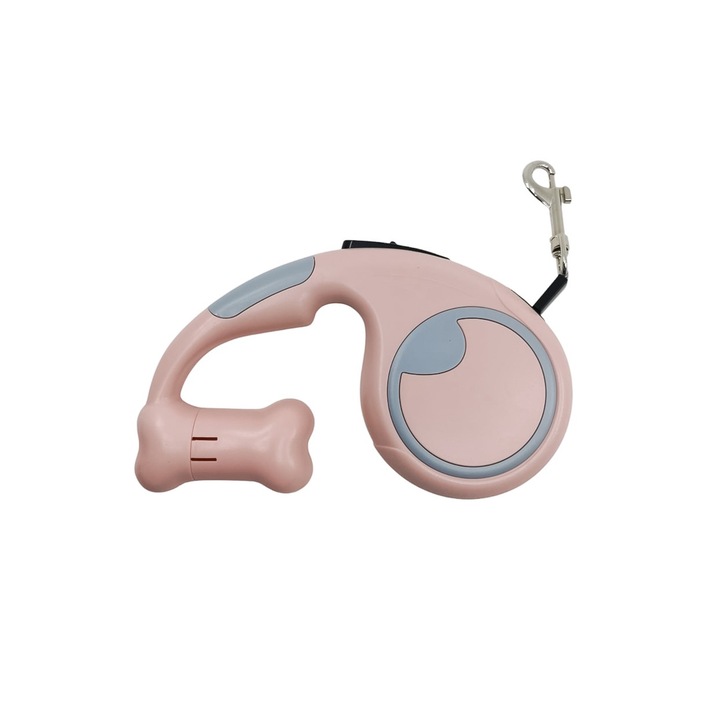 Lesa automata, retractabila 2 in 1 Lolita's Leash Doty®, 3m, spatiul dedicat pentru saculeti, sistem de blocare e lesei, design estetic, roz