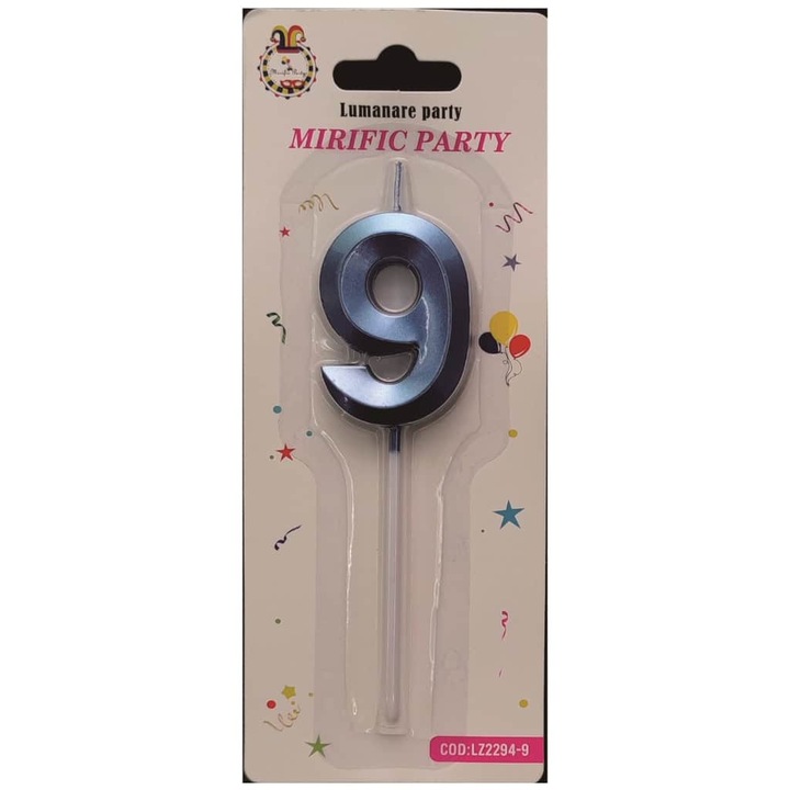 Lumanare tort, culoare albastru metalizat, 15 cm, cifra 9