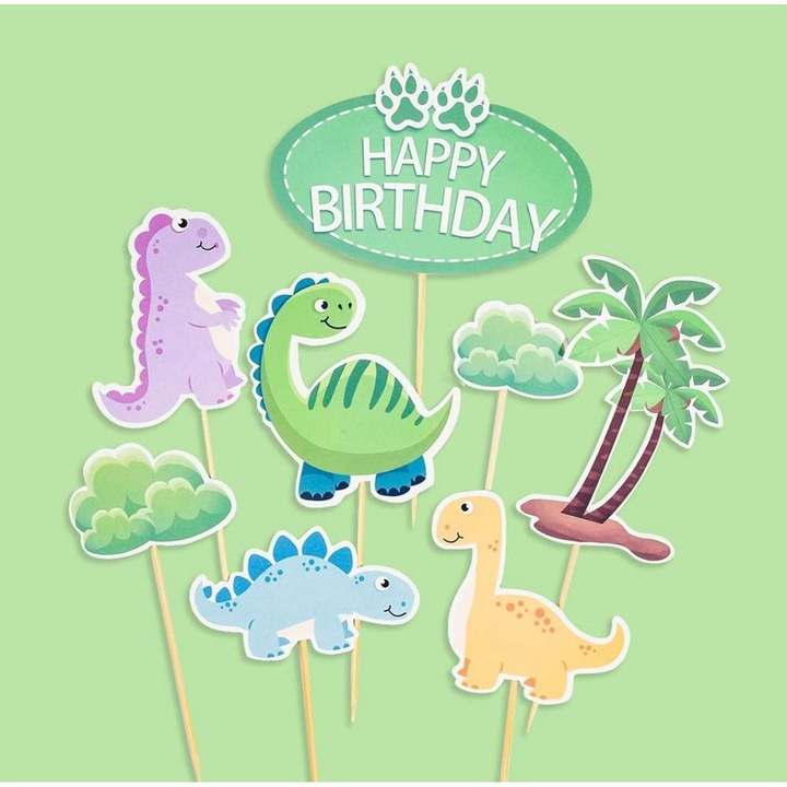 Set 7 decoratiuni tort/briose La Multi Ani, Dino Party