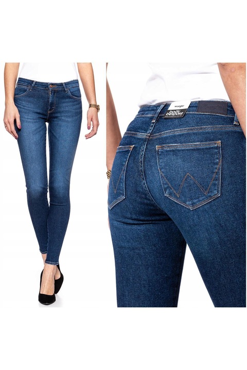 Blugi Dama, Wrangler, Skinny, W24-L32 US, Bumbac, Zipper, Lung, 5 Buzunare 2 Mari 2 Medii Exterioare 1 Mic Interior, Talie Joasa, Albastru