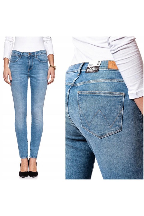 Blugi dama, Wrangler, High Rise Skinny, 8553-184, Bumbac, Lungi, Petite, Denim, W24-L32 US, Albastru