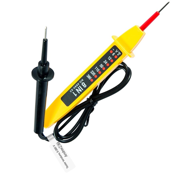 Tester tensiune CT28A, interval masurare 6-380V, leduri indicare tensiune, galben cu negru