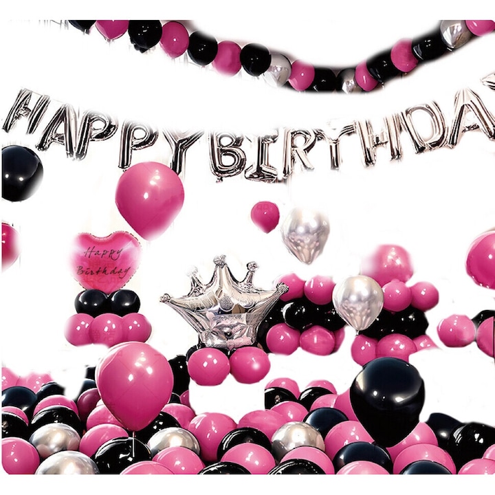 Комплект розови, черни и сребристи балони, 53 балона, украса за парти, рожден ден