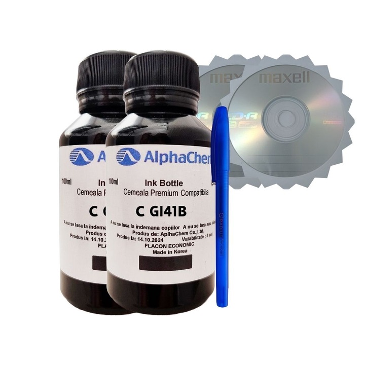 Canon GI41 kompatibilis tintapalackkészlet (2x100 ml fekete) + zselés toll és 2db Maxell CDR borítékkal